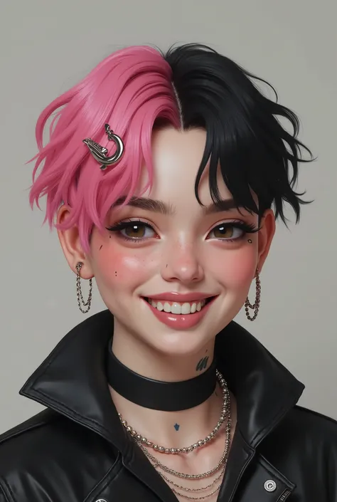 Lil peep,cutee hair clip ,smiling ,split dye pink and black ,face tats