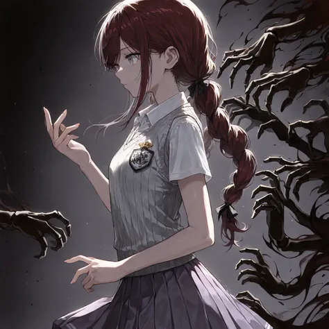  (Masterpiece, best quality), intricate details, solo, 1 girl, stoic expression, shadowy aura, black wispy skeletal hands, dark red hair, low twin tails, hair ribbons, thin, slightly toned arms, small breasts, gray eyes, (gray ribbed sleeveless vest, schoo...