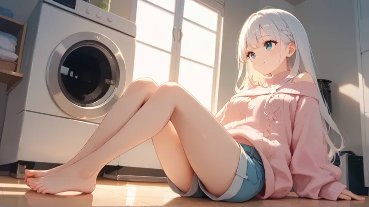 A super cute girl with white hair sitting on the floor in front of a washing machine, looking up at the camera with a warm and cheerful smile. She wears a cozy oversized sweater and comfy shorts, with her legs folded casually. The camera captures her from ...