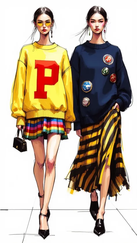 Create a fashion illustration featuring two models. The first model wears a bright yellow oversized sweater with a prominent red letter "P" on the front, paired with a striped mini skirt that has vibrant colors and a small handbag. The second model is dres...