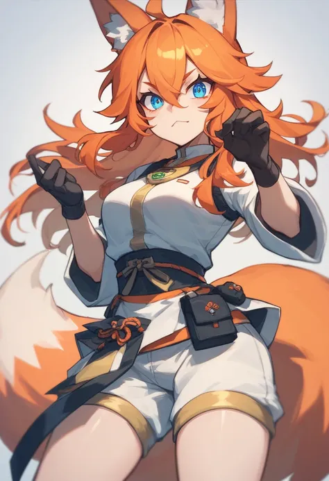 (masterpiece:1.2, best quality:1.2) expressive eyes, perfect face, 22 years old girl, fox ears, fox tail, strike girl outfit, ((Orange hair)), (Dark Orange hair), blue eyes