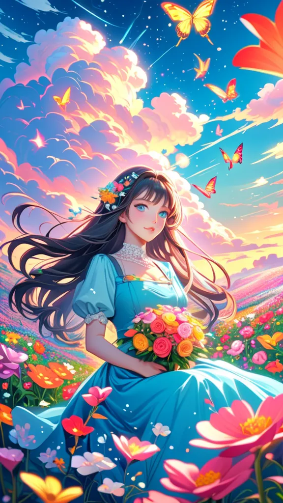 anime、kawaii"An surreal girl is sitting in a vast flower field. She is holding a colorful bouquet of flowers, and in the background there is a blue sky with white clouds. Butterflies are fluttering in the sky, and sparkling light particles are floating in ...