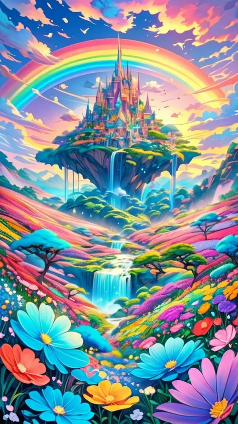 Anime Conceptual installation art combining watercolors, acrylics and collage. Landscape painting only, ultra detailed, absolute resolution, masterpiece. Wide angle aerial background of vibrant pastel colored flower fields. Wonderland world view. Cascading...