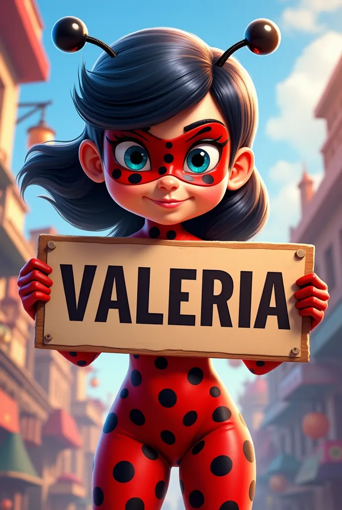 Ladybug from Miraculous with a sign that says the word Valeria in capital letters 