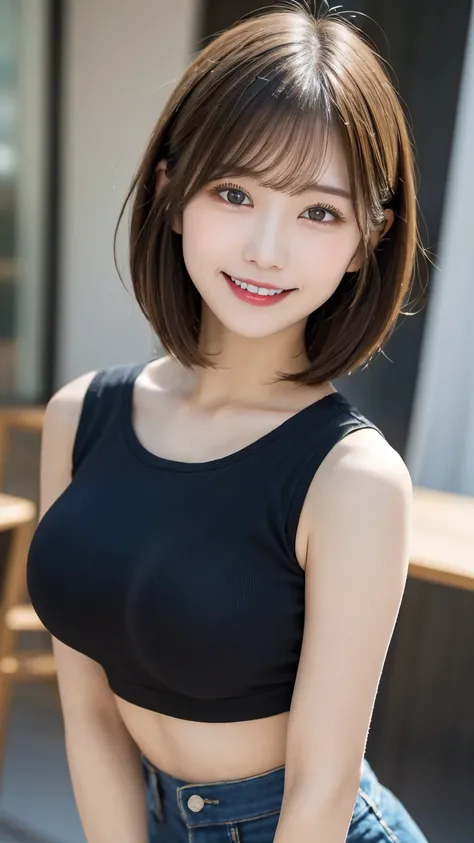  school classrooms: ((tight black sleeveless shirt and denim shorts)),  highest quality, shape, 非常に Detailsな,  Details,  high resolution,  8k,  perfect dynamic composition,  beautiful details,   natural lips , Tight T-shirt,((H cup breasts)), ((( Big Breas...