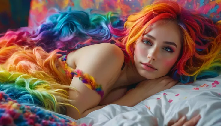 a beautiful young woman with rainbow hair, detailed facial features, large breasts showing, seductive expression, full body photo, dynamic and dramatic pose, lying on the bed, hugging a stuffed animal, dressed in lingerie, multicolored abstract background,...