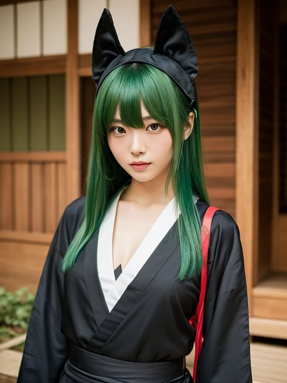 A Japanese woman in the Edo period wearing a ninja costume and a ninja mask. She has beautiful eyes and long green hair tied up. This is a vintage photo.