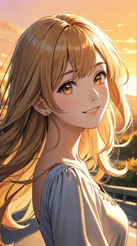 ((Extreme close-up, Face-focused portrait))
"An anime-style beautiful young woman walking home in the golden glow of sunset, turning back with a gentle smile. Her hair catches the light as it sways slightly in the evening breeze. She wears an elegant dress...