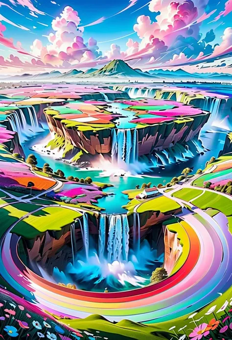 Anime Conceptual installation art combining watercolors, acrylics and collage. Landscape painting only, ultra detailed, absolute resolution, masterpiece. Wide angle aerial background of vibrant pastel colored flower fields. Wonderland world view. Cascading...