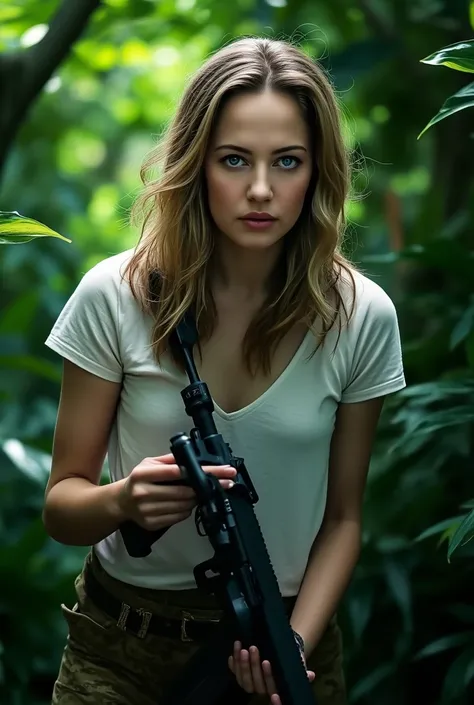 a beautiful slender american actress with white skin, blue eyes and blonde hair, wearing a white t-shirt and military pants, holding an m16 gun in an action pose, in a primeval forest with cinematic lighting, close-up view