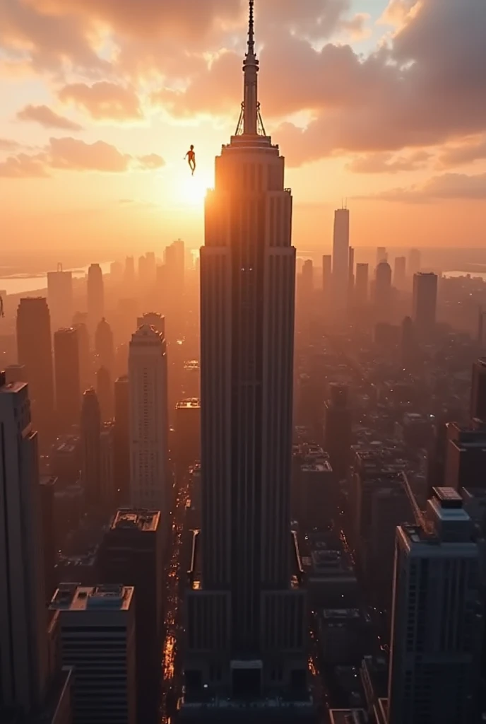 Location: A tall skyscraper in a busy city with a sunset backdrop. The camera pans to focus on the top of the building where Spider-Man is perched.

Action: Spider-Man is standing on the edge of the building, looking over the city. He performs a web-swingi...