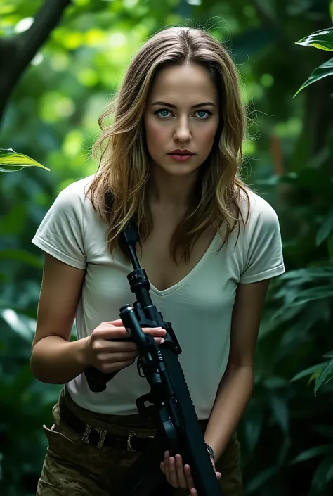 a beautiful slender american actress with white skin, blue eyes and blonde hair, wearing a white t-shirt and military pants, holding an m16 gun in an action pose, in a primeval forest with cinematic lighting, close-up view