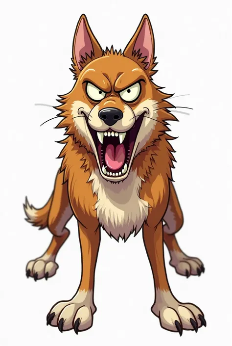 A full-body, cartoonish, and exaggerated angry dog in the art style of Rick and Morty. The dog is standing on all fours, baring its teeth and growling aggressively while staring directly at the viewer. Its fur is detailed with bold lines and shading, empha...