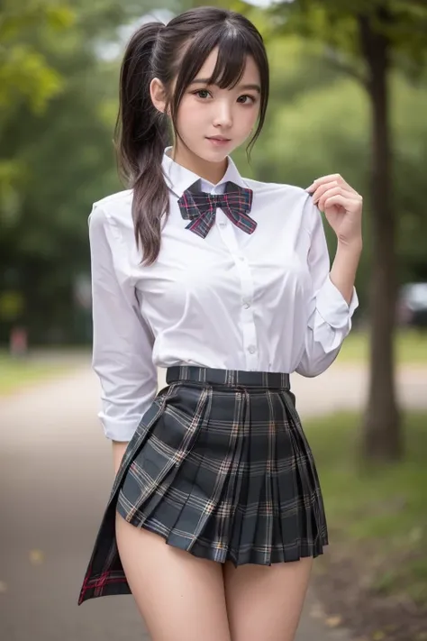 19 year old young face girl,(Side ponytail,fancy Hair ribbon),((school uniform cosplay)),(( stewart black tartan box mini pleated skirt)),((flirtingly lifting her skirt to show her panties:1.3)),(striped panties)She shows us a little bit of the striped pan...