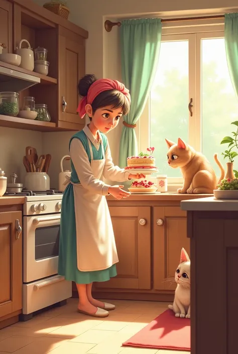 Mrs. Lily, after sighing, starts cleaning up the mess. She bakes another cake, this time placing it on a high shelf. Cat and Coco sit nearby, plotting their next adventure with mischievous grins.