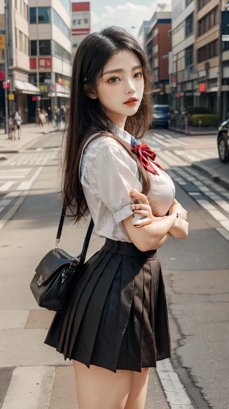 a beautiful 18 year old Japanese high school girl with perfect anatomy, healthy thighs, beautiful legs, beautiful skin, random hair color and style, large breasts, (wearing a Japanese schoolgirl uniform:1.3), (she is standing:1.2), penny loafers, holding a...