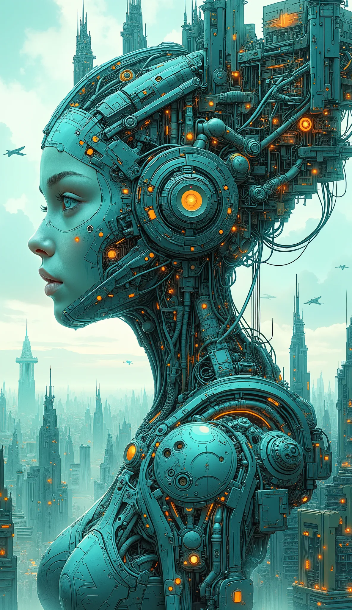 A colossal cybernetic woman with a serene and elegant expression, captured in a medium shot from the waist up. Her head is a fusion of human beauty and intricate cybernetic machinery, adorned with gears, wires, and mechanical components that extend into th...