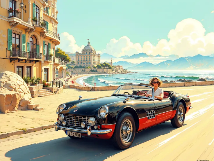 「Watch a 1960s vintage sports car racing along a beautifully paved coastline、 The warm sunlight from the Mediterranean in particular is reflected on the car body 。 The clothes are elegant driving style 、 chrome details shine beautifully 。The pencil's rough...