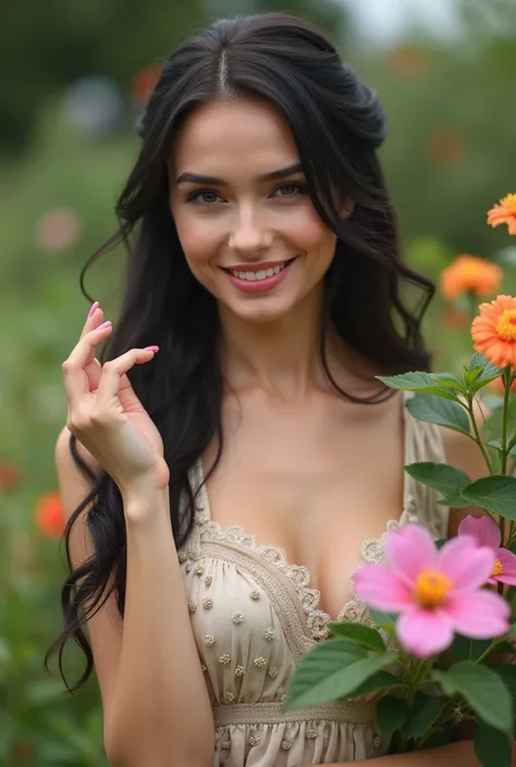 Russian woman with very beautiful pink white skin, very big breasts, very big breasts, charming, very pretty face, bright, gorgeous, elegant, smiling, smelling flowers in the garden, wearing a gardener's dress, close up, tied long black hair 