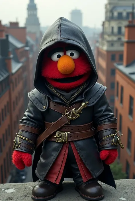 Sesame street character wearing assassin's Creep outfit 