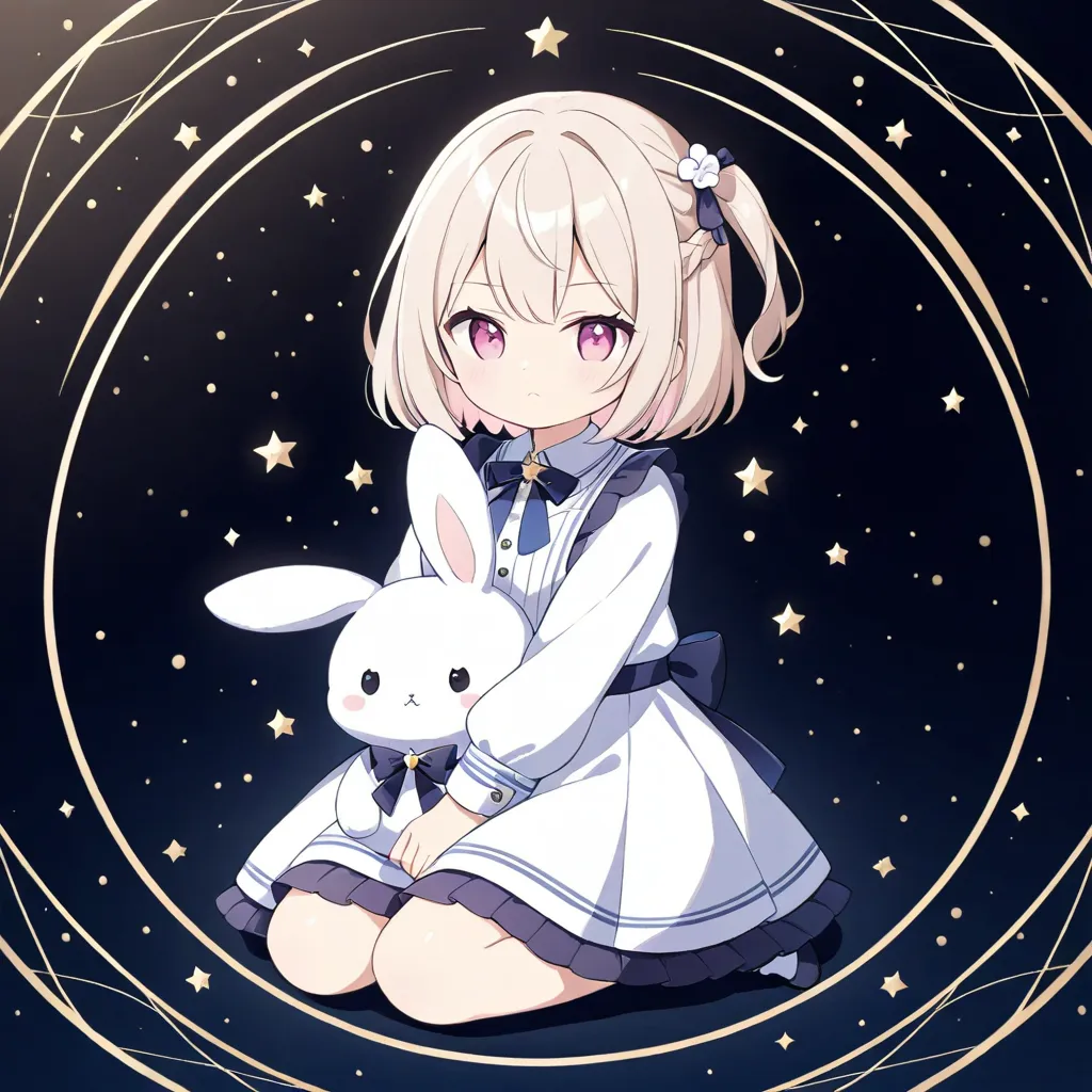 Top quality, 8K, 16K, Super resolution, Cute character: 1.3, light beige short bob, one side up partial braid hairstyle, one beautiful girl, fine face, fine eyes, pink eyes, grumpy expression, ((white rabbit inspired getup: 1.2)),((cute getup))),((((cute s...