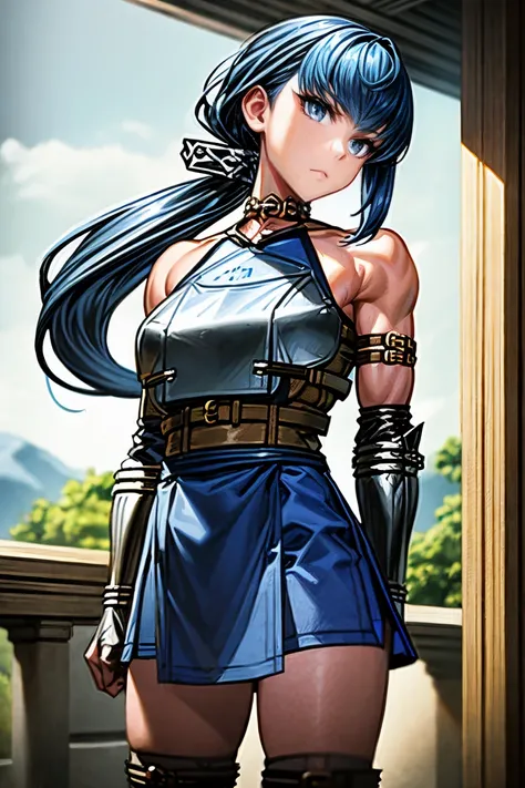 ((((((iron breastplate, chest protector, gray armor)))))), (((no-connected two corsets in blue cloth, wide-set two corsets between blue cloth, many belts with porch:1.3))), (((many belts of arm rings and elbow iron silver gauntlets with brown fingerless gl...