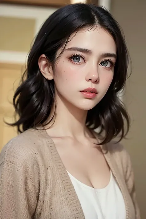 UHD、 Masterpiece、 high quality、(最 high quality:1.1)、( real :1.1)、( Photorealistic:1.5)、 very beautiful 32 year old celebrity wife、 black hair、 bob hair、 dark eyes、 kind eyes 、round cheeks、Thin eyebrows、 natural makeup、Light Lip、 big mouth、Inclusiveness is ...