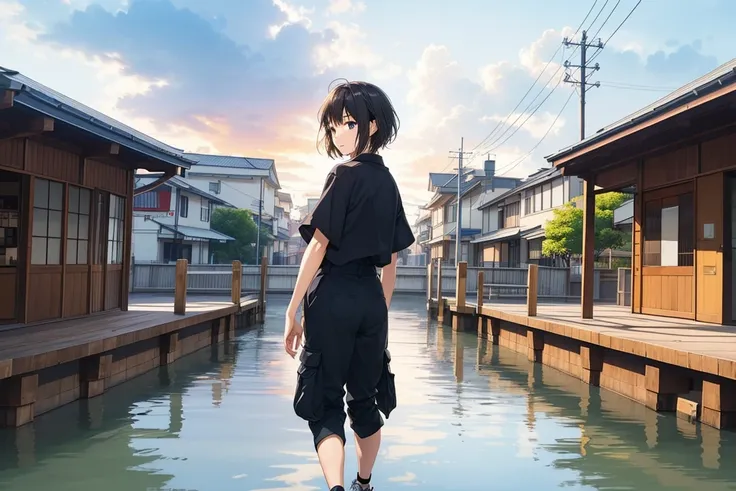 ((masutepiece, Best Quality, hight resolution, nffsw, Perfect Pixel,  4K, nffsw, nffsw))), 1girl in, Chihiro, anime, 14-year-old Japanese female junior high school student, alone, ennui, sunset sky, (((Asymmetrical short hair, black hair))), blue jacket, w...