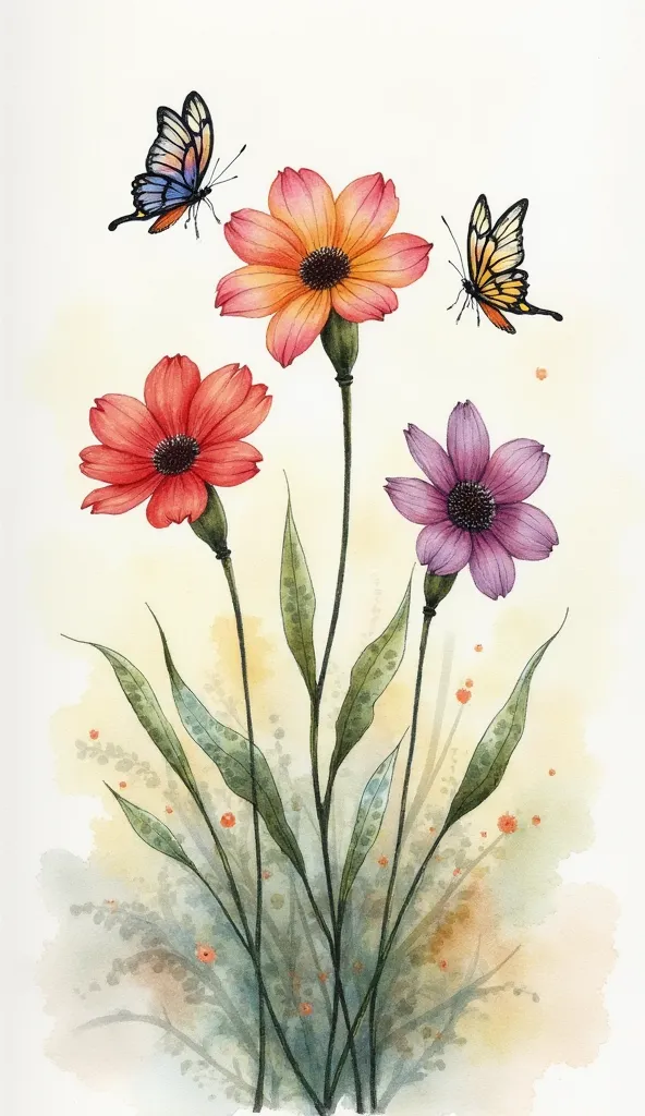 Small watercolor painting of three tricolor flowers with three butterflies 