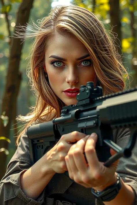 A beautiful, slender American actress with white skin, blue eyes, and blonde hair, wearing a white t-shirt and military pants, holding an M16 gun in an action pose, set in a primeval forest with cinematic lighting and a close-up view, (best quality,4k,8k,h...