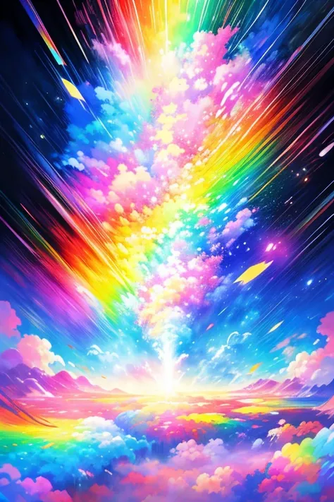 Anime Conceptual installation art combining watercolors, acrylics and collage. Landscape painting only, ultra detailed, absolute resolution, masterpiece. Wide angle aerial background of vibrant pastel colored flower fields. Wonderland world view. Cascading...