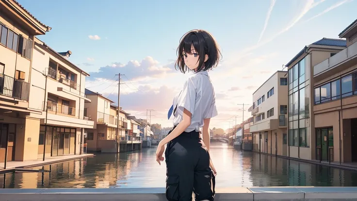 ((masutepiece, Best Quality, hight resolution, nffsw, Perfect Pixel,  4K, nffsw, nffsw))), 1girl in, Chihiro, anime, 14-year-old Japanese female junior high school student, alone, ennui, sunset sky, (((Asymmetrical short hair, black hair))), blue jacket, w...