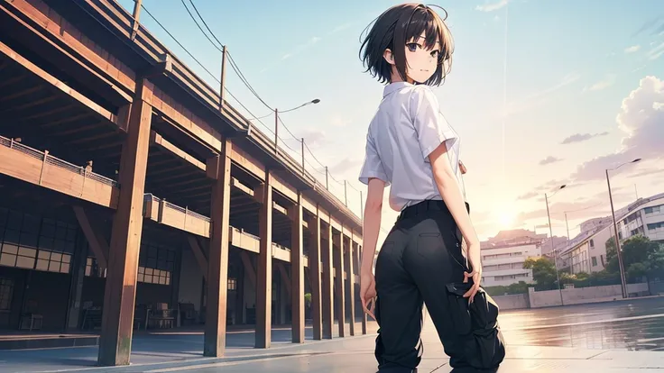 ((masutepiece, Best Quality, hight resolution, nffsw, Perfect Pixel,  4K, nffsw, nffsw))), 1girl in, Chihiro, anime, 14-year-old Japanese female junior high school student, alone, ennui, sunset sky, (((Asymmetrical short hair, black hair))), blue jacket, w...