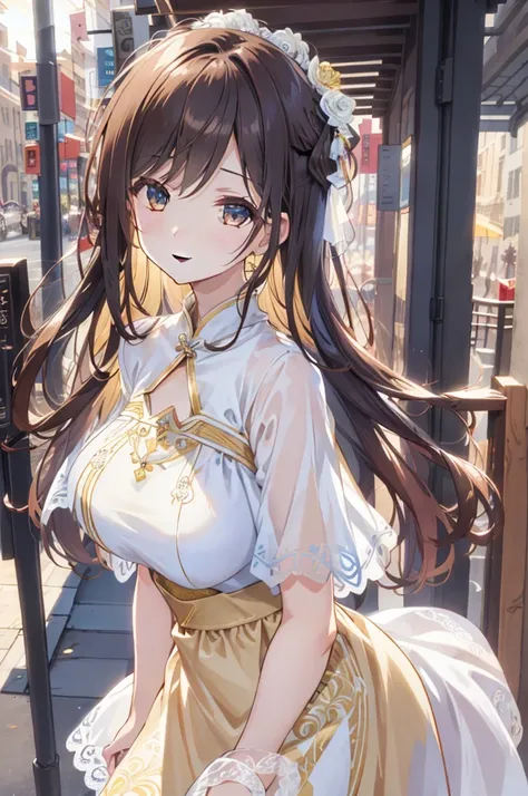 (desktop:1.2), ( Best Quality:1.2), (((desktop))), ((( Best Quality))),  The Perfect Eye ,  perfect face ,   1 Girl in , fantasy Medieval City Square , Smile, Long Wave Hair ,  Dark brown hair ,  White and Yellow Lace Dress、Beautiful Floral Skirt , hair ac...