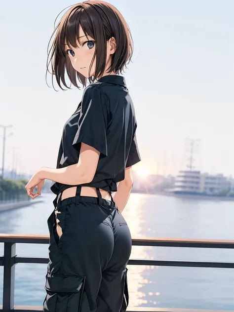 ((masutepiece, Best Quality, hight resolution, nffsw, Perfect Pixel,  4K, nffsw, nffsw))), 1girl in, Chihiro, anime, 14-year-old Japanese female junior high school student, alone, ennui, sunset sky, (((Asymmetrical short hair, black hair))), blue jacket, w...