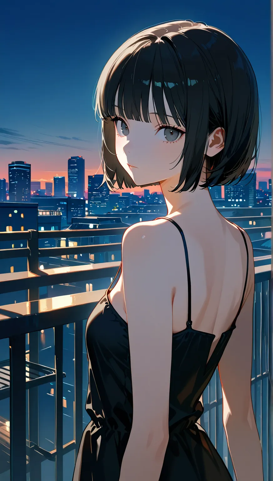 1girl, solo, breasts, looking_at_viewer, short_hair, bangs, black_hair, dress, original, bare_shoulders, closed_mouth, upper_body, small_breasts, sky, outdoors, sleeveless, looking_back, blunt_bangs, black_eyes, black_dress, from_side, grey_eyes, looking_t...