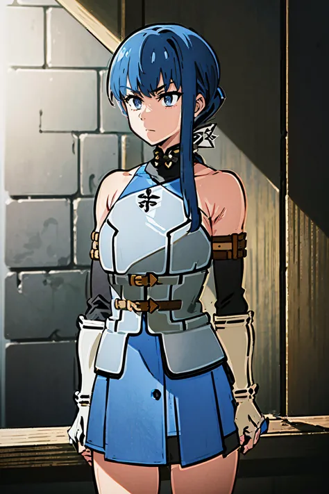 ((((((iron breastplate, chest protector, gray armor)))))), (((no-connected two corsets in blue cloth, wide-set two corsets between blue cloth, many belts with porch:1.3))), (((many belts of arm rings and elbow iron silver gauntlets with brown fingerless gl...