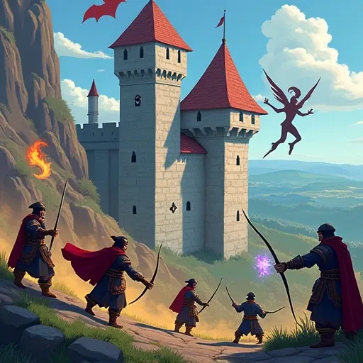  archers, soldiers and cannon and mages on long tower,  protecting castle from beast, 2d game style