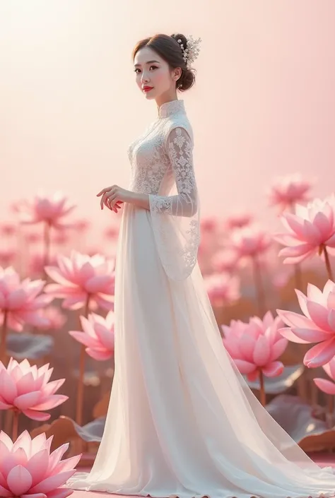 The bride wears a white traditional Vietnamese long dress in front of a plain pink lotus background