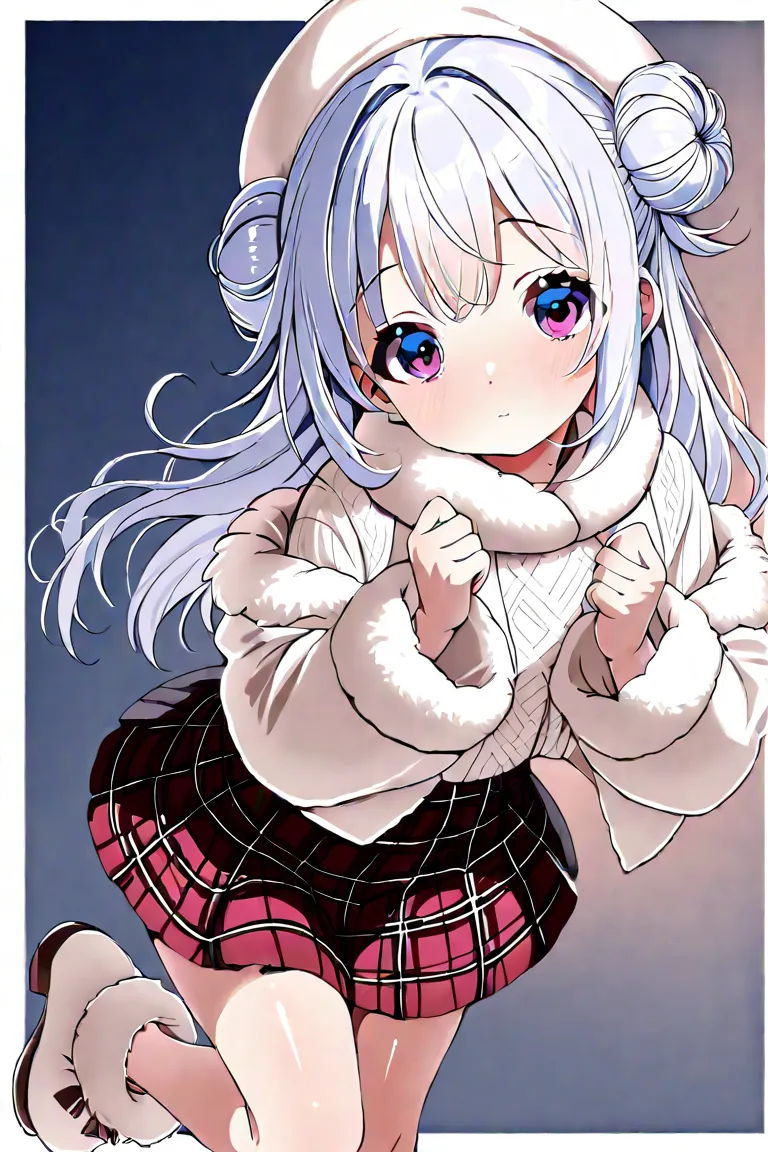  cute女の子、 silver hair、Hair in a bun、winter、winter服、I'm wearing a fluffy jacket、Young、Baby Face、 droopy eyes 、Are you wearing fluffy shoes、 wearing a hat、Scandinavian design、 Nordic pattern clothes、 cute、 cute、Warm attire 、 black and white plaid skirt、