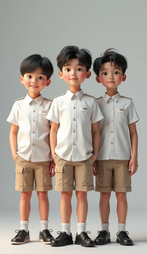 school uniform boys white half sleeve shirt and khaki shorts with grey background