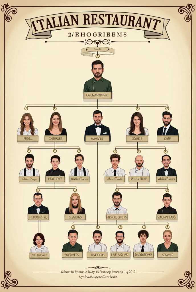 Organization chart of an Italian restaurant with 18 employees in Spanish