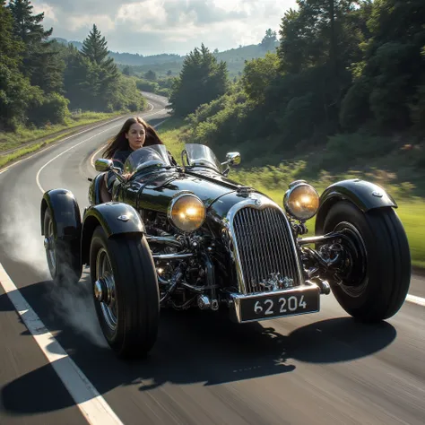 woman driving a vintage sports car