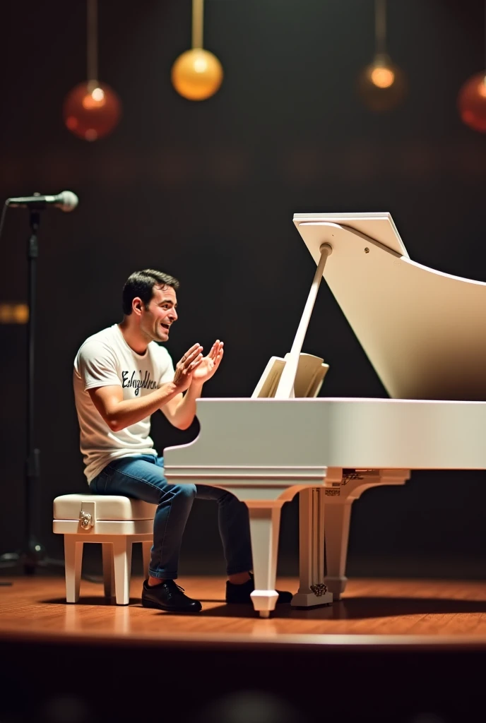 Playing a white grand piano and Fredy Mercuri applauding with a t-shirt that says Emiliano 