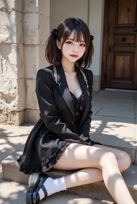 A young girl seated gracefully on a stone pavement, dressed in a Gothic-style outfit. She wears a black tailored jacket over a black collared dress, paired with white socks and classic black Mary Jane shoes. A white chain strap shoulder bag rests at her si...