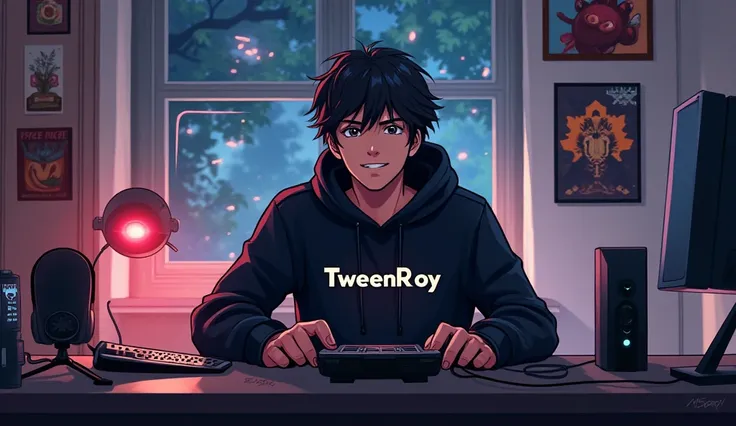 Prompt for creating for character:- "Create a anime boy who have a  mature looking like a man facing in front  he is a  YouTube content creator, sitting in his studio with futuristic gadgets, and there is mic near him ,wearing black hoodie write TWEenRoy i...