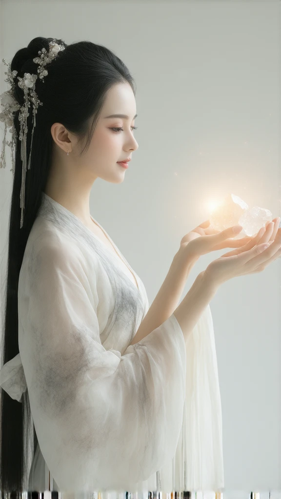 Beautiful woman in kimono、Holding round crystals in both hands、Standing with face and body facing forward