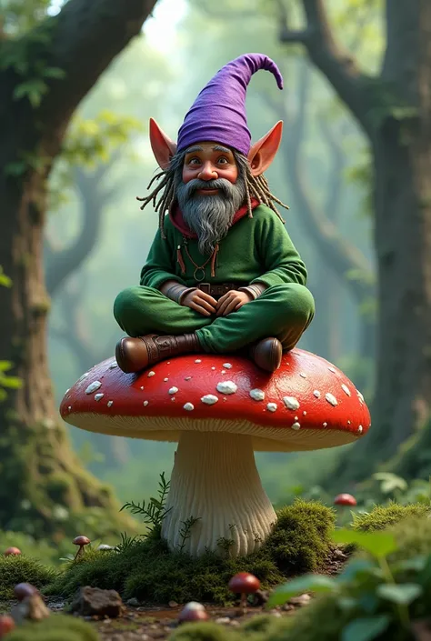 Gnome dressed in green with dreadlocks and purple hat sitting on his back in an amanita muskaria