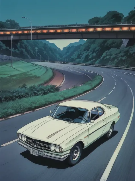 (classic car, 1960s sports car, retro aesthetics, elegant curves, timeless design) Tokyo Metropolitan Expressway, orange street lights, late at night