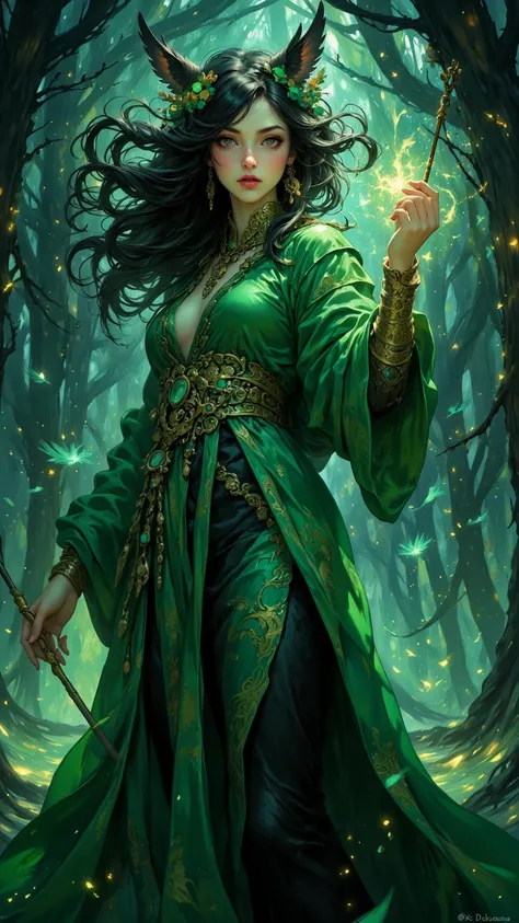 A charming portrait of a mysterious witch，she casts spells with her wand，eyes sparkling with magic，wearing a flowing emerald green robe，digital painting，metaphorical art，rayism painting，detailed mesmerizing gaze，magical fantasy art，whimsical elegance，hyper...